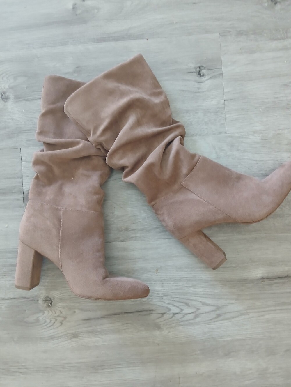 Taupe Light Brown Faux Suede Slouchy Mid-Calf Block Heeled Boots Size 7 - - Picture 3 of 3